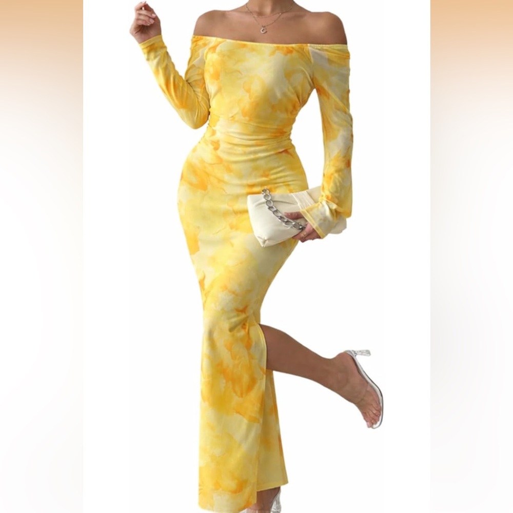 Elegant Yellow Tie-Dye Maxi Dress